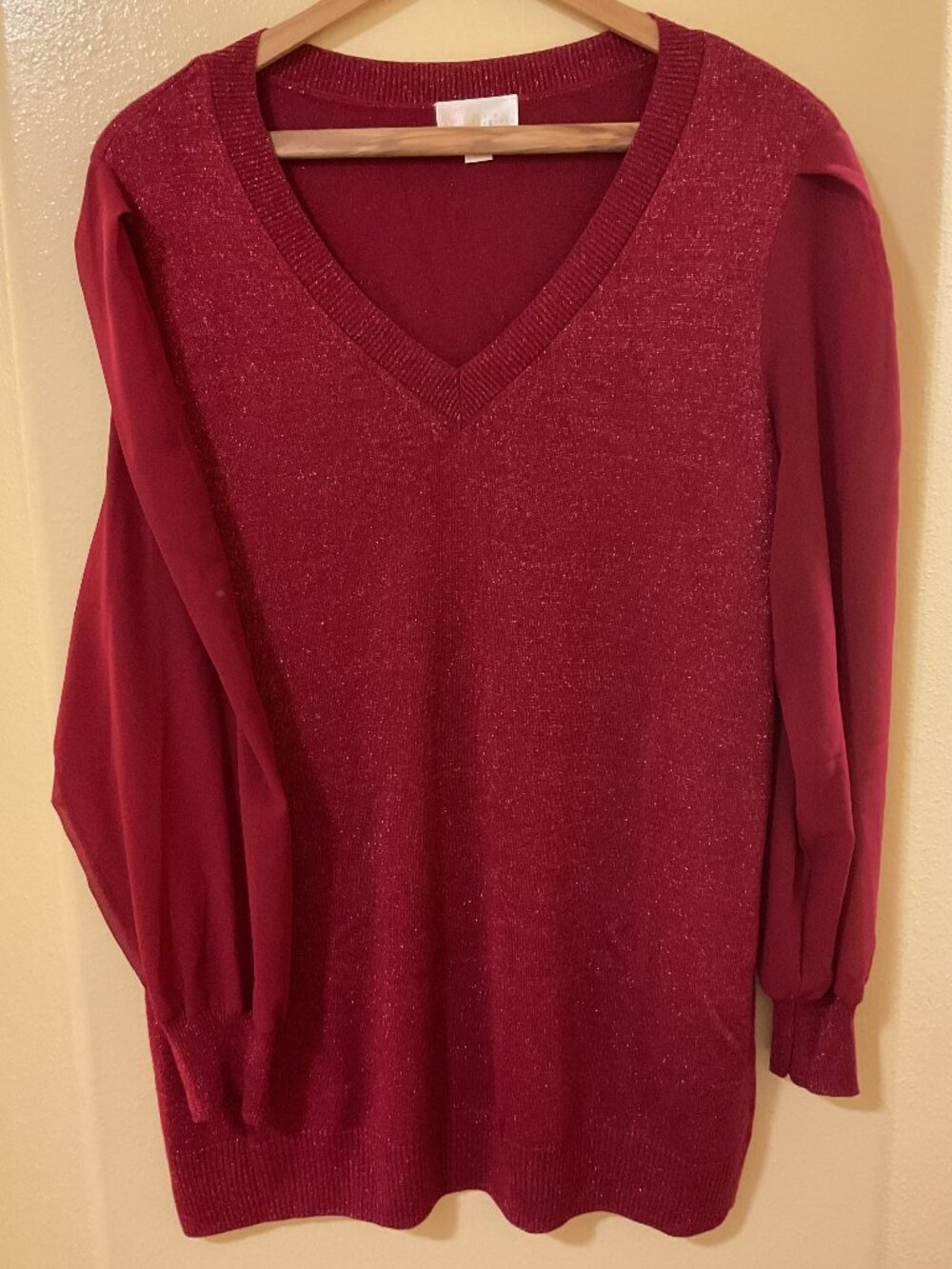 Belle by Kim Gravel - Burgundy Lurex V-Neck Sweater Chiffon Cuffed Sleeves 1X